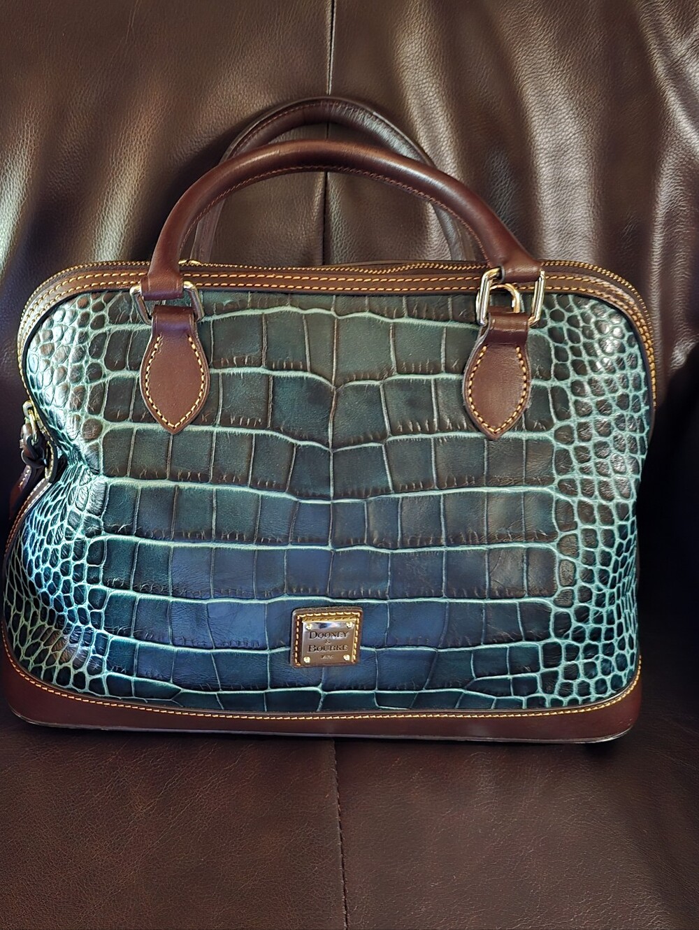 Dooney & Bourke Teal Croc-Embossed Leather Satchel